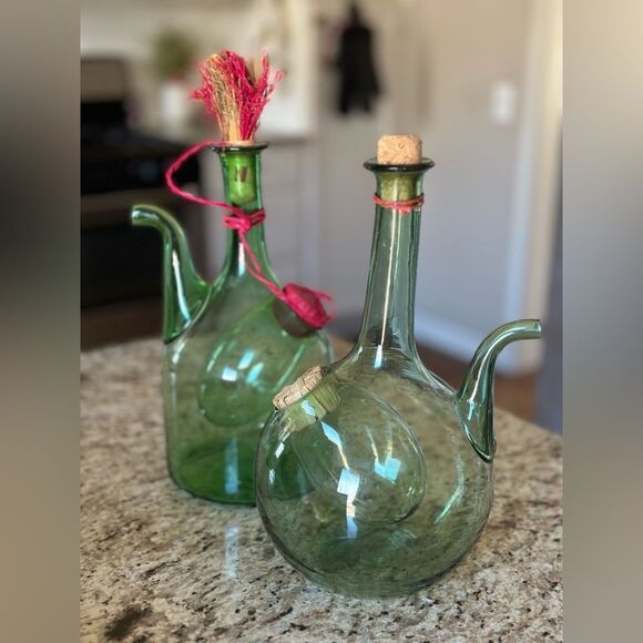 2 Italian handblown green glass demijohn Wine Decanters VINTAGE 1960’s - Picture 2 of 2